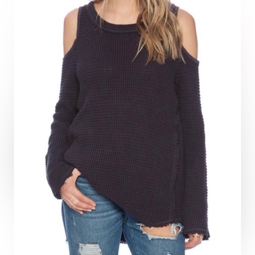 Free People Sunrise Charcoal Open Shoulder Sweater Distressed Waffle Pul…